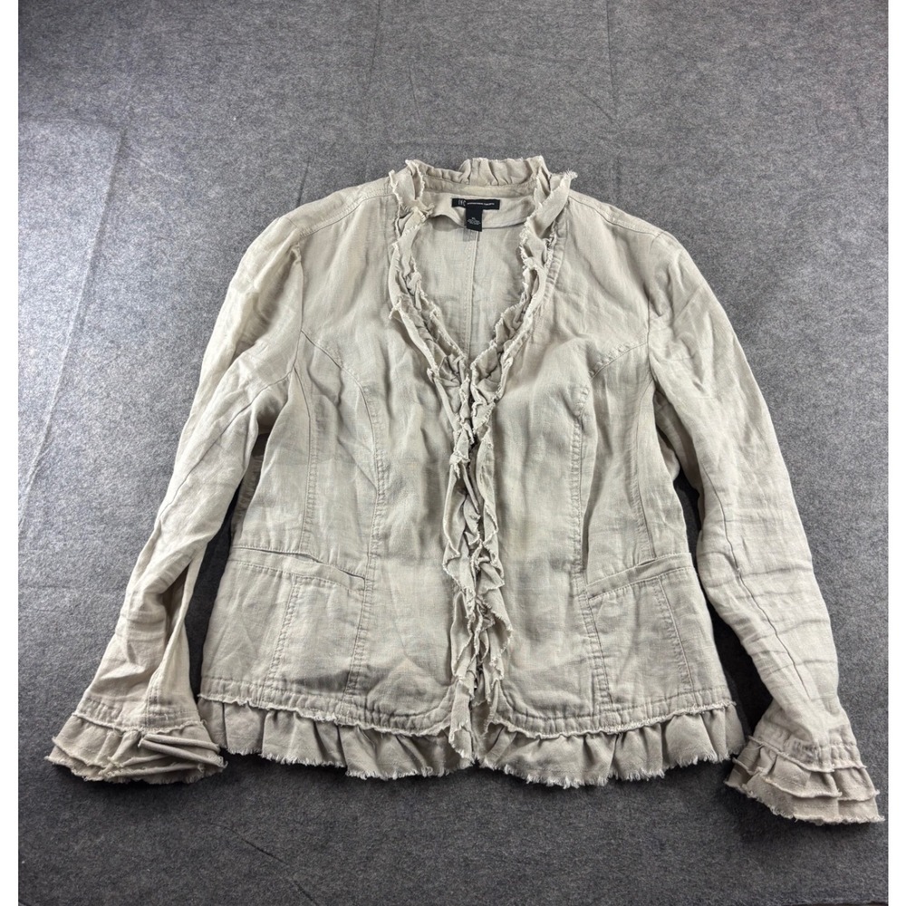 INC International Concepts Tan Ruffle Trim 100% Linen Zip Up Jacket XL Boho SEE